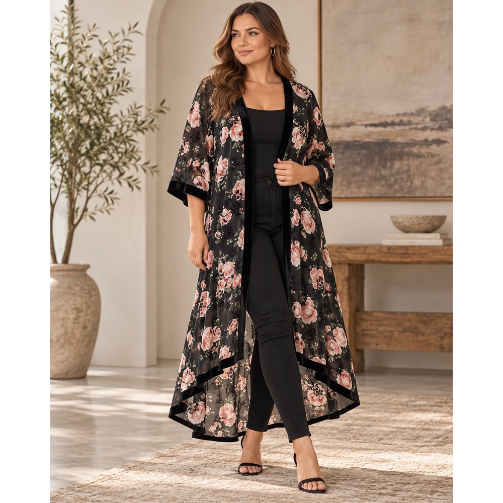 Torrid Gothic Rose Chiffon Maxi Duster Velvet Panel Whimsigoth Kimono Plus 1/2